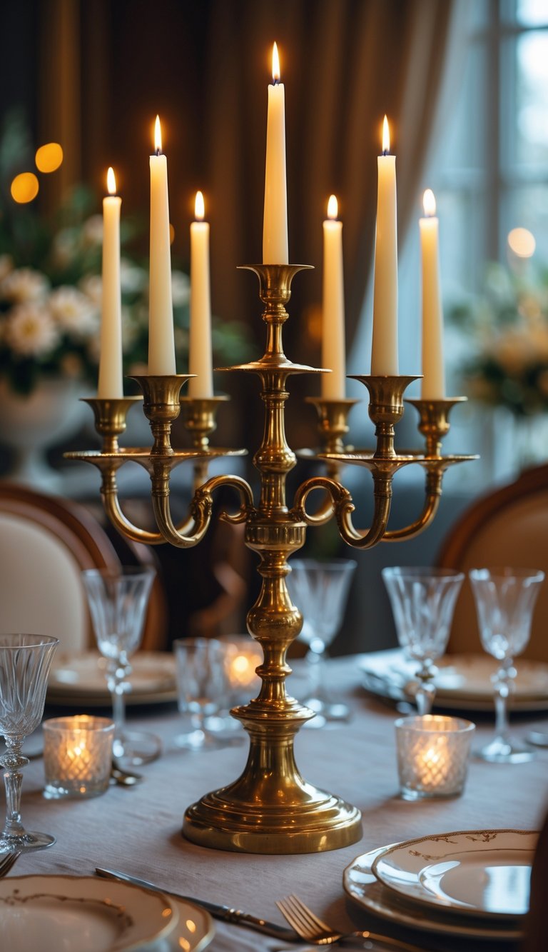 A vintage brass candelabra with lit tapered candles on a dining table decorated with plates, glasses, and flowers.